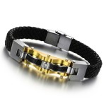 Mens Fashion Gold Titanium Leather Cable 2015 NEW Bracelet 