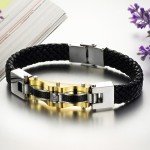 Mens Fashion Gold Titanium Leather Cable 2015 NEW Bracelet 