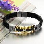 Mens Fashion Gold Titanium Leather Cable 2015 NEW Bracelet 