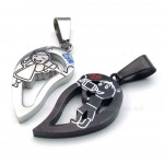 Black & Silver Lovers Titanium Heart Pendant Necklace  (Free Chain)(One Pair)