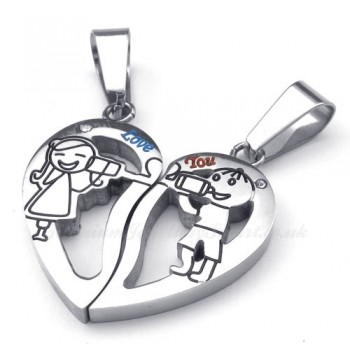 His & Hers Silver Titanium Broken Heart Pendant Necklace  (Free Chain)(One Pair)