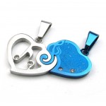 Blue & Silver Titanium Couples Hearts Pendant Necklace (Free Chain)(One Pair)