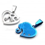 Blue & Silver Titanium Couples Hearts Pendant Necklace (Free Chain)(One Pair)