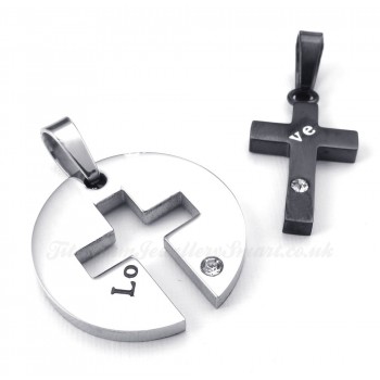 Titanium Black Cross Couples Pendant Necklace (Free Chain)(One Pair)