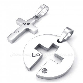 Titanium Silver Cross Couples Pendant Necklace (Free Chain)(One Pair)