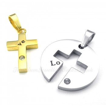 Titanium Gold Cross Couples Pendant Necklace (Free Chain)(One Pair)