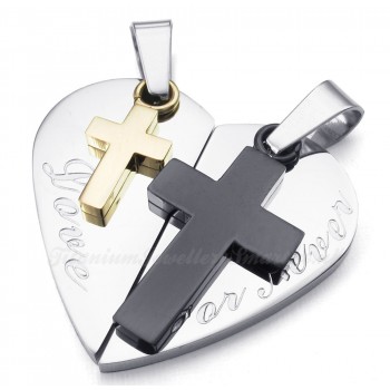 Titanium Double Cross Hearts Shaped Couples Pendant Necklace (Free Chain)(One Pair)