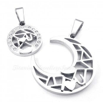 Titanium Silver Moon And Stars Couples Pendant Necklace (Free Chain)(One Pair)