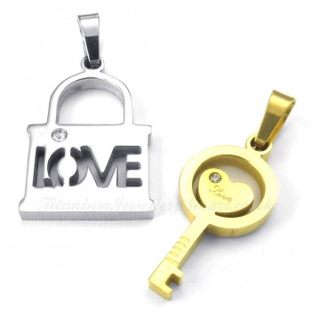 Titanium Gold Key Couples Pendant Necklace (Free Chain)(One Pair)