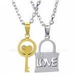 Titanium Gold Key Couples Pendant Necklace (Free Chain)(One Pair)