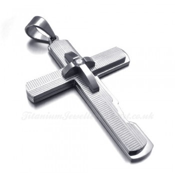 Titanium Three Cross Pendant Necklace With Horizontal And vertical Stripes (Free Chain)