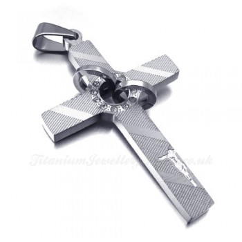 Silver Titanium Cross Pendant Necklace With Two Rings (Free Chain)
