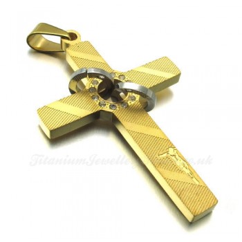 Gold Titanium Cross Pendant Necklace With Twill (Free Chain)