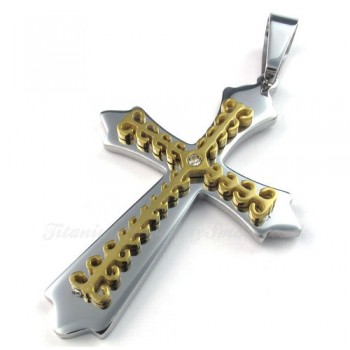 Gold Titanium Cross Pendant Necklace (Free Chain)