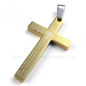 Scripture Titanium Gold Cross Pendant Necklace (Free Chain)