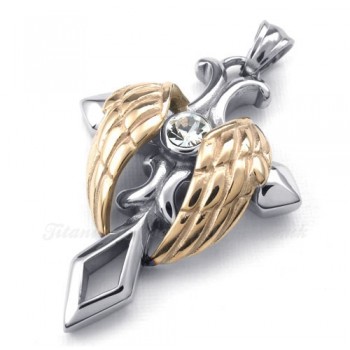 Rose Gold Angel Wings Titanium Cross Pendant Necklace (Free Chain)