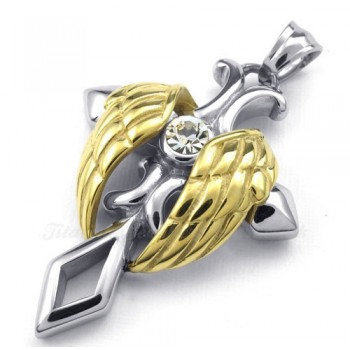 Gold Angel Wings Titanium Cross Pendant Necklace (Free Chain)