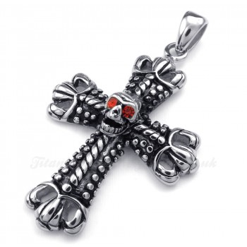 Titanium Cross Pendant Necklace Adorned With Skull (Free Chain)