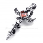 Red Zircon Sword Wings Titanium Cross Pendant Necklace (Free Chain)