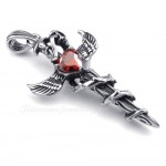Red Zircon Sword Wings Titanium Cross Pendant Necklace (Free Chain)