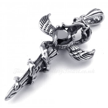 Black Zircon Sword Wings Titanium Cross Pendant Necklace (Free Chain)