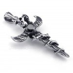 Black Zircon Sword Wings Titanium Cross Pendant Necklace (Free Chain)