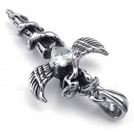 White Zircon Sword Wings Titanium Cross Pendant Necklace (Free Chain)