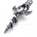 White Zircon Sword Wings Titanium Cross Pendant Necklace (Free Chain)