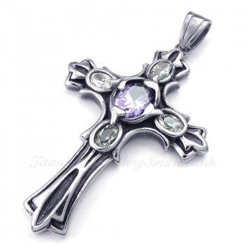 Purple Zircon Titanium Cross Pendant Necklace (Free Chain)