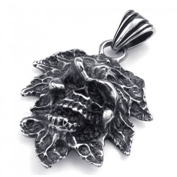 Tree Leaf Titanium Skull Pendant Necklace (Free Chain)