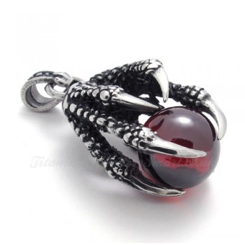 Titanium Eagle Claws Pendant Necklace With Red Zircon (Free Chain)