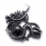 Black Bead Titanium Dragon Pendant Necklace (Free Chain)