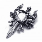 Double Dragon Sword Titanium Pendants Necklace With White Zircon (Free Chain)