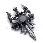 Double Dragon Sword Titanium Pendants Necklace With Black Zircon (Free Chain)