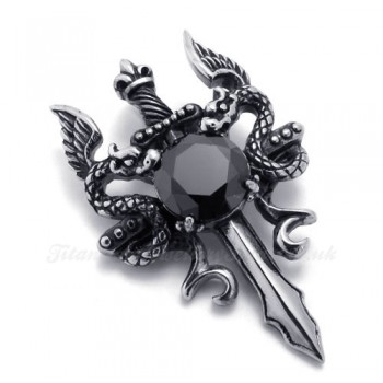 Double Dragon Sword Titanium Pendants Necklace With Black Zircon (Free Chain)