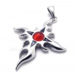 Titanium Flame Cross Pendant Necklace With Red Zircon (Free Chain)