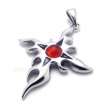 Titanium Flame Cross Pendant Necklace With Red Zircon (Free Chain)