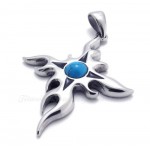 Titanium Flame Cross Pendant Necklace With Blue Zircon (Free Chain)