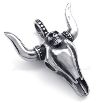 Titanium Bull Pendant Necklace Adorned With Skull (Free Chain)