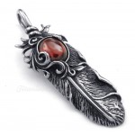 Red Zircon Titanium Feather Pendant Necklace (Free Chain)