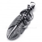 Titanium Feather Pendant Necklace Adorned With Skull (Free Chain)