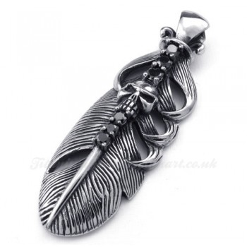 Titanium Feather Pendant Necklace Adorned With Skull (Free Chain)