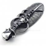 Titanium Feather Pendant Necklace Adorned With Skull (Free Chain)