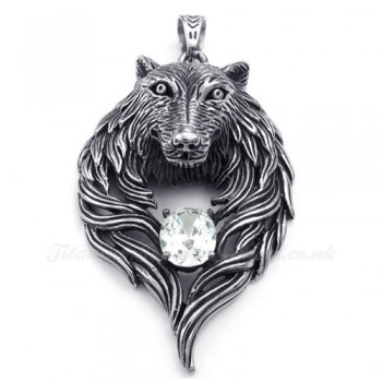 White Zircon Titanium Wolf Pendant Necklace (Free Chain)