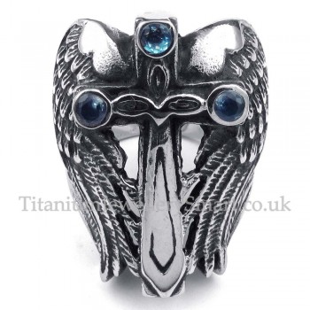 Titanium Cross Wing Ring with Blue Zircon