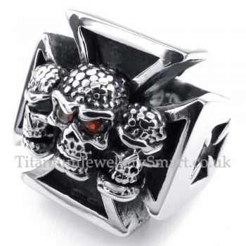 Titanium Cross Skull Ring with Red Zircon Eyes