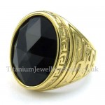 Mens Gold Titanium Ring with Black Zircon