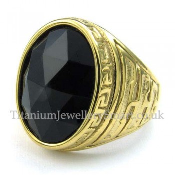 Mens Gold Titanium Ring with Black Zircon