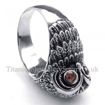 Titanium Owl Ring with Red Zircon Eyes