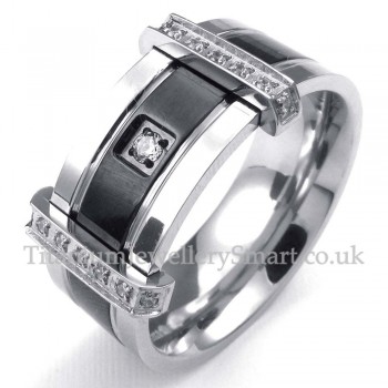 Mens Titanium Ring with White Rhinestone